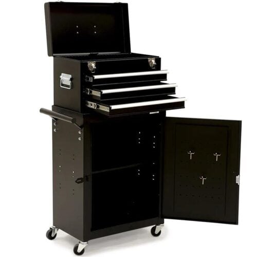 BULLET 3 Drawer Tool Box Cabinet Trolley Storage, with 1-Door Toolbox Garage Organiser Set, Black