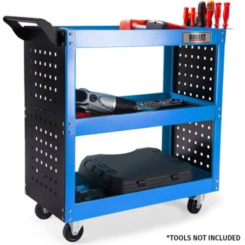 BULLET 3-Tier Steel Tool Trolley Cart, for Workshop, Mechanic, with Pegboard, Screwdriver Bay, Blue