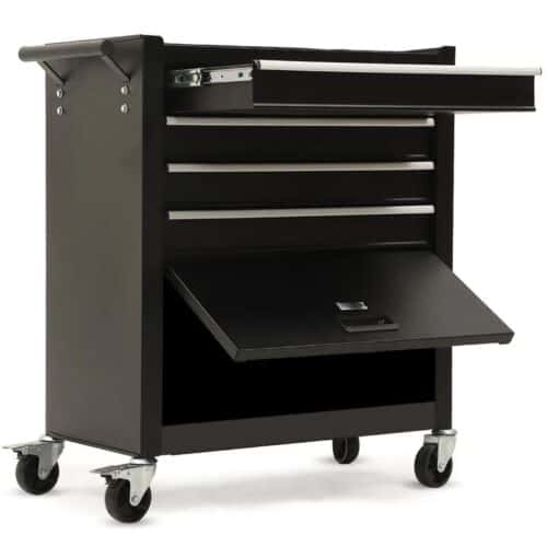 BULLET 4 Drawer Tool Box Cabinet Trolley Storage, with 1-Door Toolbox Garage Organiser Set, Black