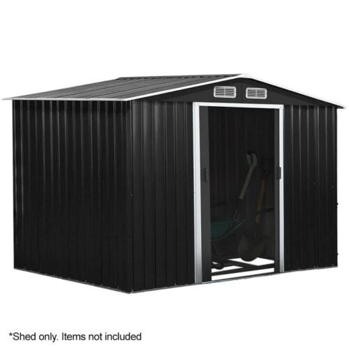 PLANTCRAFT Galvanised Steel Garden Shed 2.58 x 3.13 x 2.02m, with 2 Sliding Doors, 4 Air Vents, Gable Roof, Floor Frame