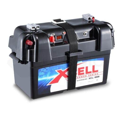 X-CELL Battery Box for Deep Cycle Batteries, with 12V and 2x USB, for Caravan Boat Camper Trailer